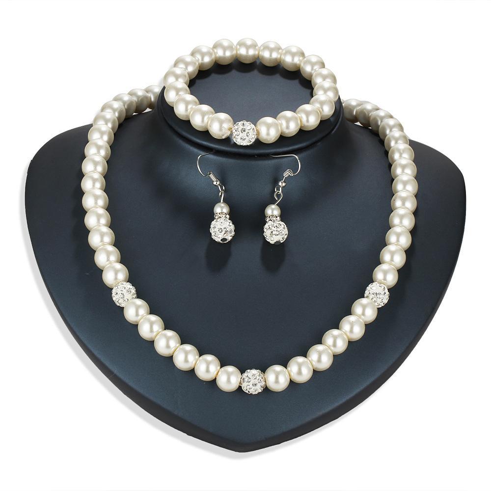 3 Piece Pearl and Shamballa Jewelry Set With Austrian Crystals 18K White Gold Plated Set